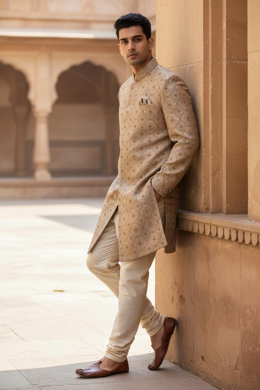 Classic Gold Textured Sherwani Set – Elegant Couture Wear