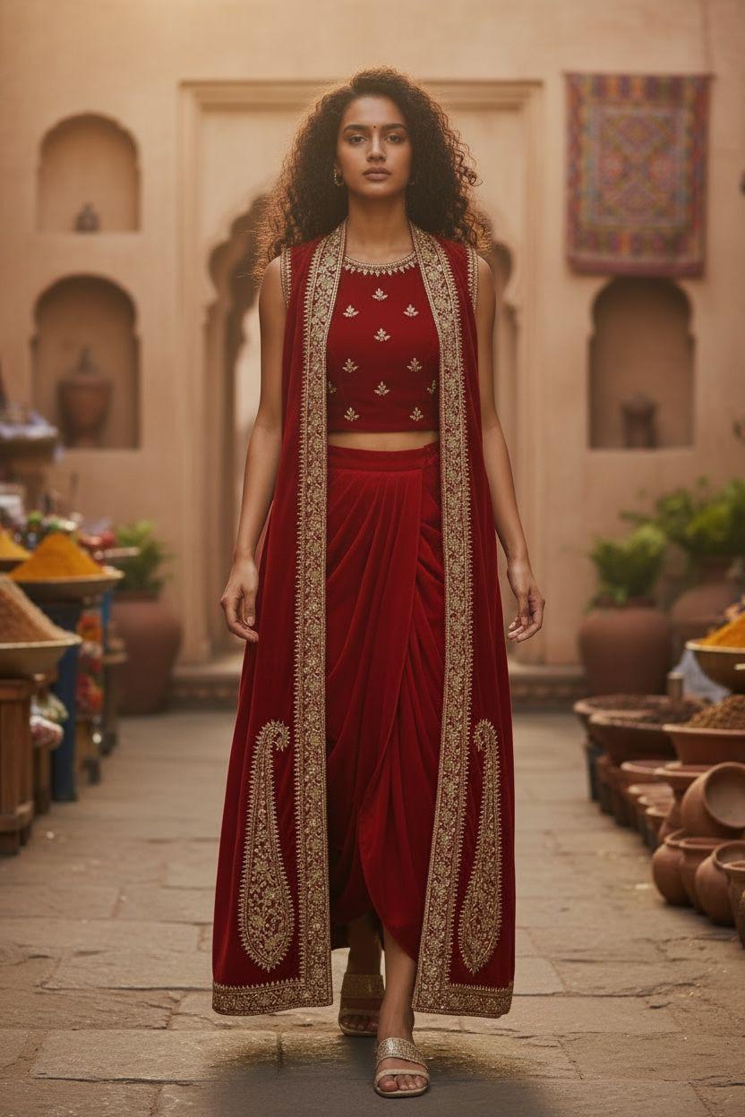 Crimson Royale Draped Saree Set with Embroidered Cape - Couture Edition