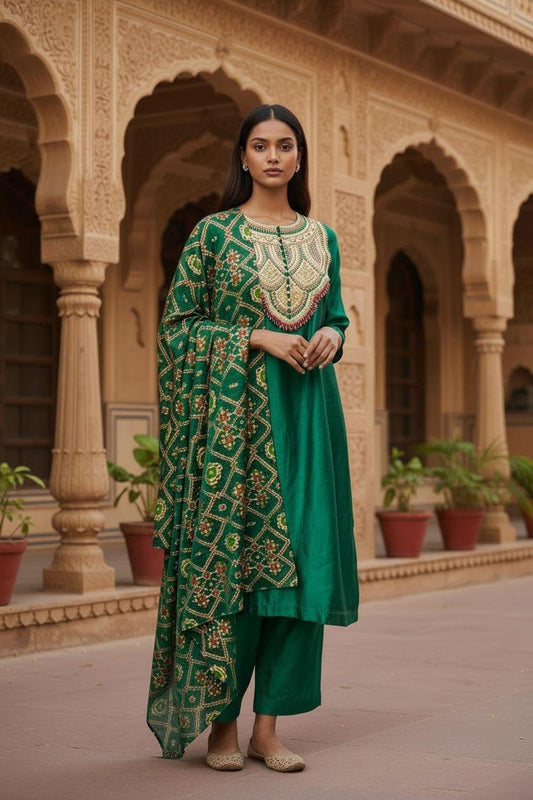 Emerald Green Embroidered Suit Set with Dupatta – Couture Edition