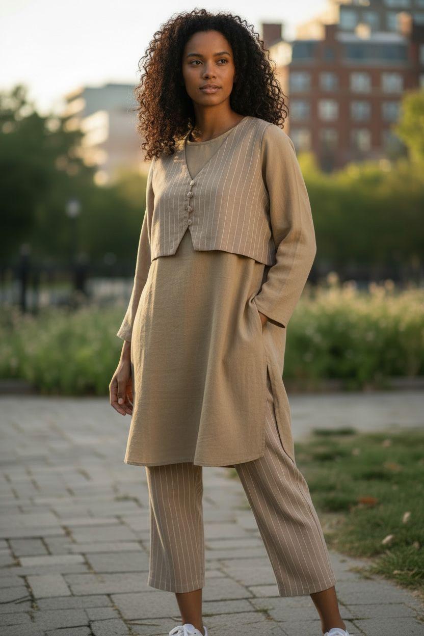 Taupe Layered Tunic & Striped Trouser Set – Pret Edition