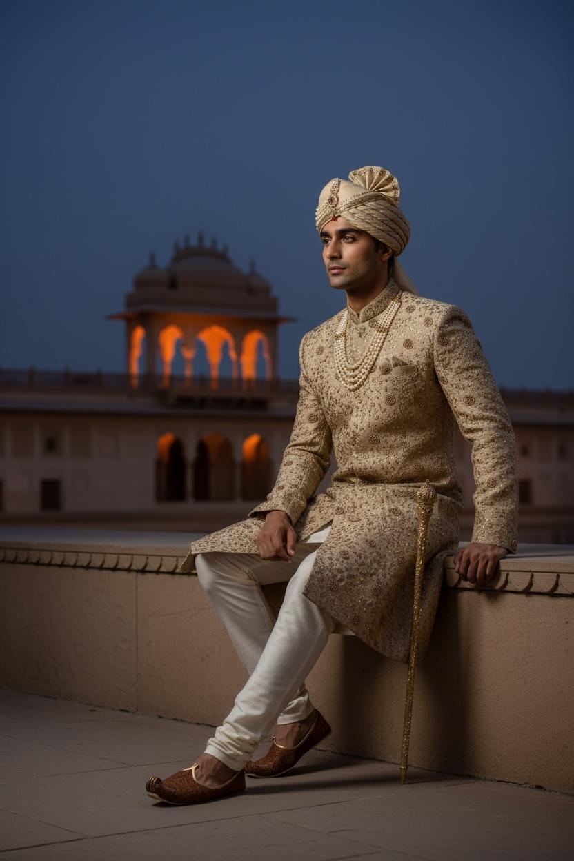 Royal Gold Embroidered Sherwani Set with Safa – Wedding Couture