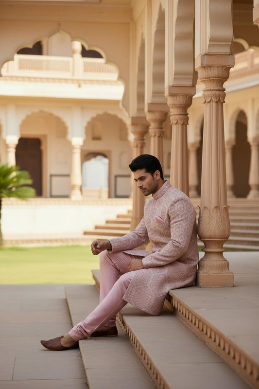Blush Pink Embroidered Sherwani Set – Pastel Wedding Couture