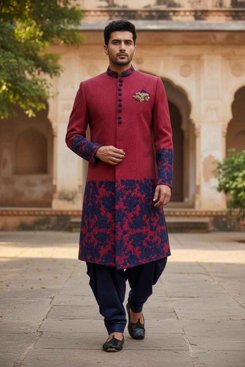 Crimson Regal Embroidered Sherwani – Couture Edition