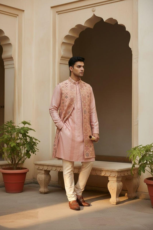 Blush Ivory Embroidered Kurta Set with Jacket – Couture Edition