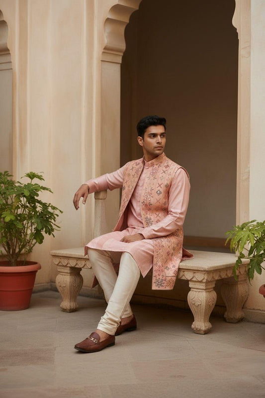 Blush Ivory Embroidered Kurta Set with Jacket – Couture Edition