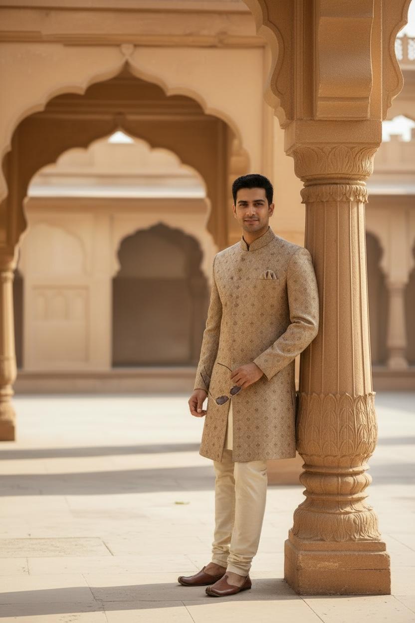 Classic Gold Textured Sherwani Set – Elegant Couture Wear