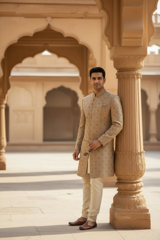 Classic Gold Textured Sherwani Set – Elegant Couture Wear