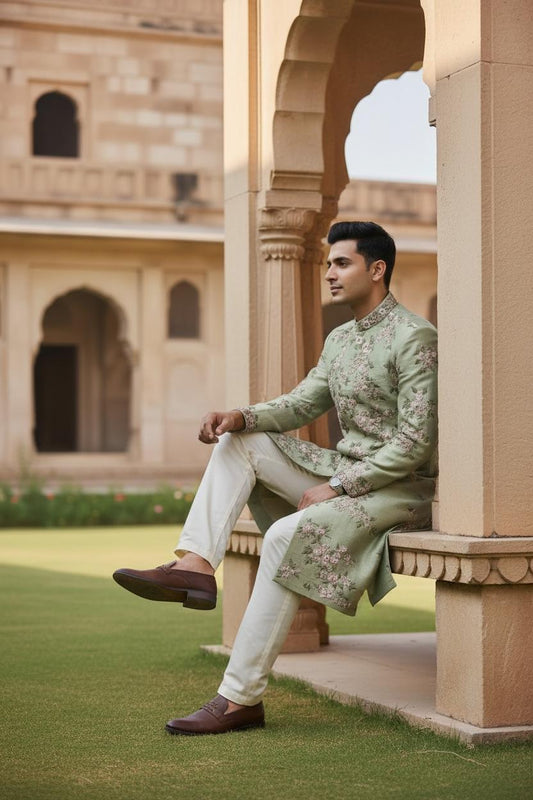 Sage Green Floral Embroidered Sherwani Set – Designer Couture