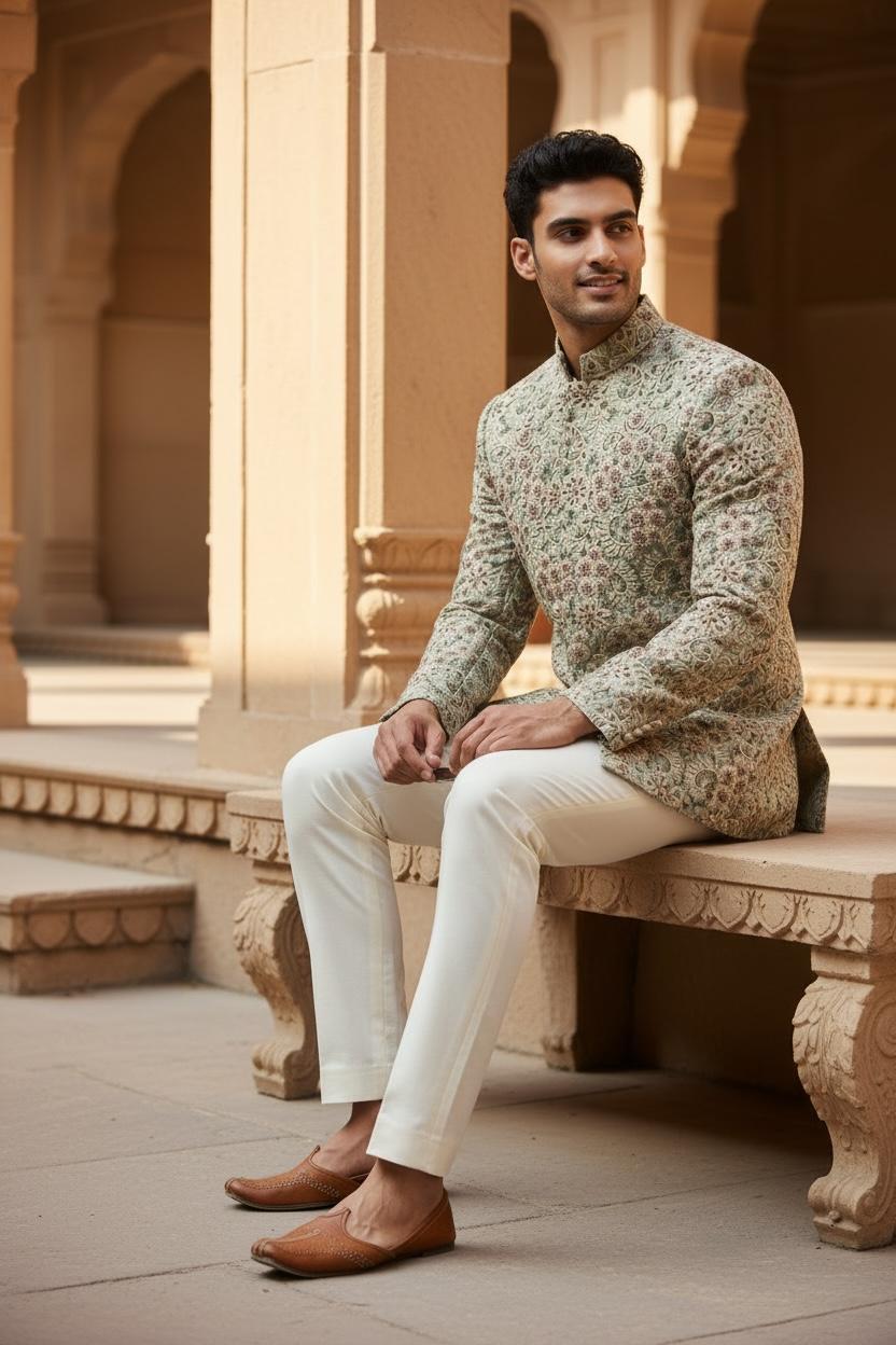 Sage Floral Embroidered Sherwani – Couture Edition