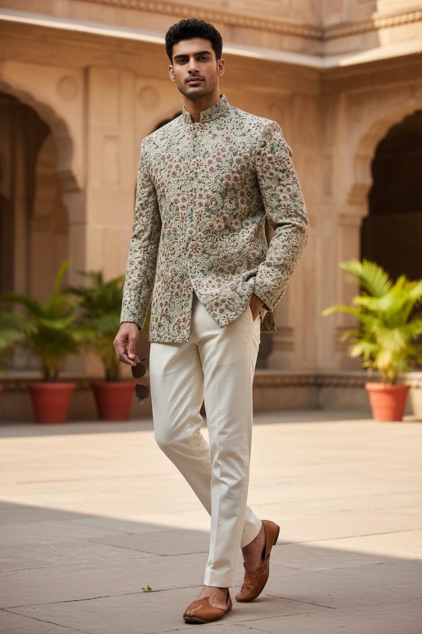 Sage Floral Embroidered Sherwani – Couture Edition