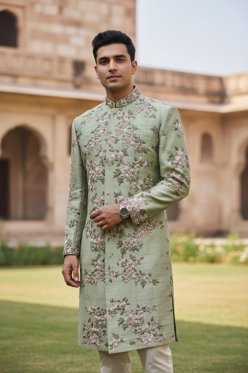 Sage Green Floral Embroidered Sherwani Set – Designer Couture