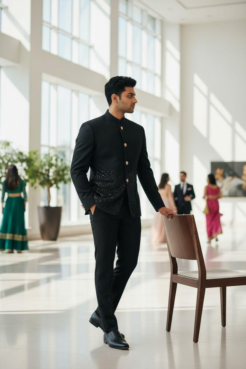 Midnight Black Embellished Bandhgala Suit – Luxury Couture