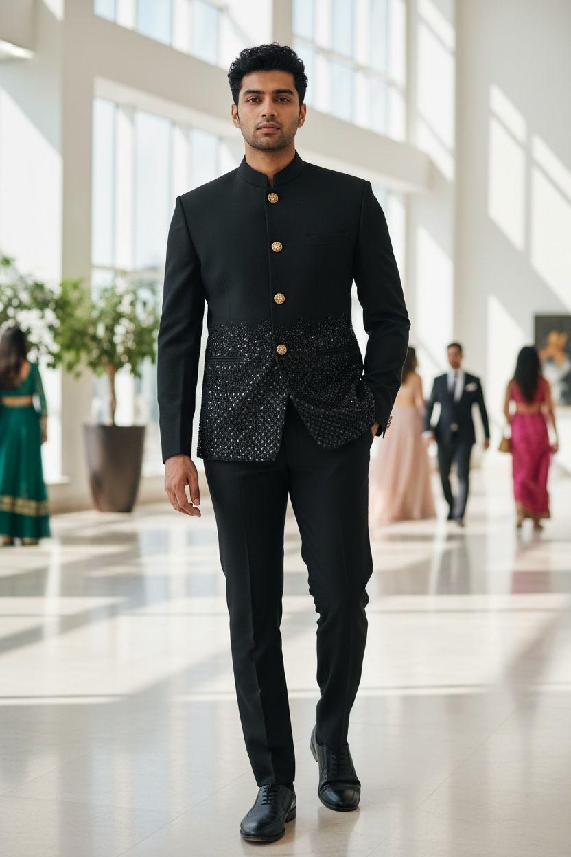 Midnight Black Embellished Bandhgala Suit – Luxury Couture