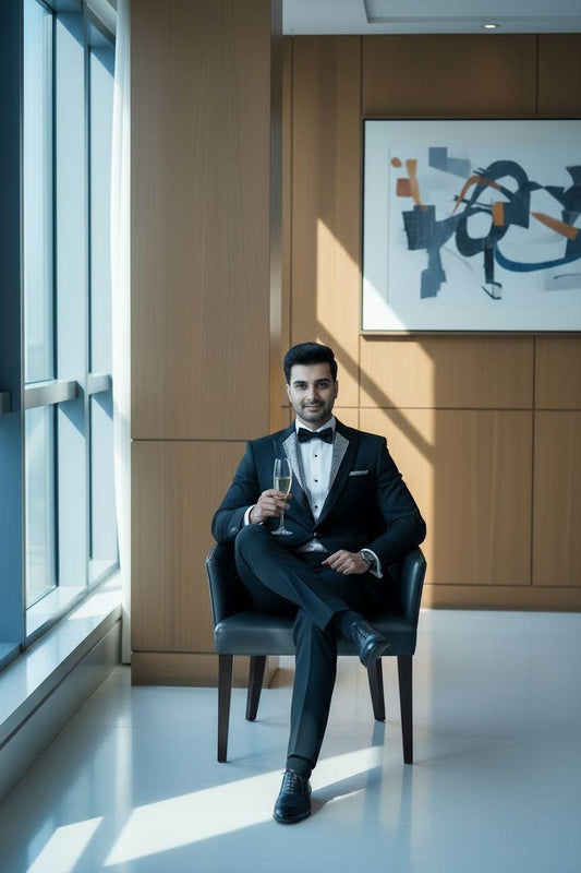 Black Signature Tuxedo Suit with Embellished Lapel – Couture Edition