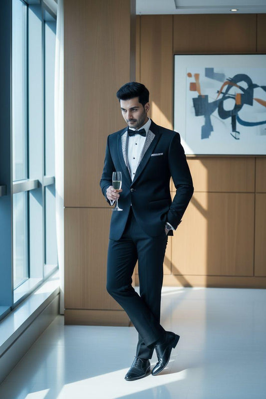 Black Signature Tuxedo Suit with Embellished Lapel – Couture Edition