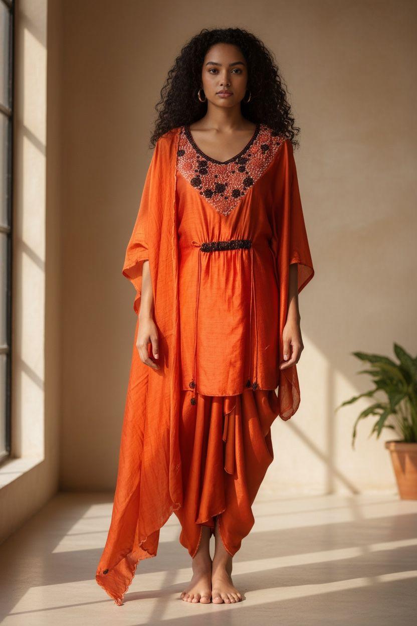 Burnt Orange Draped Kaftan Set – Couture Edition