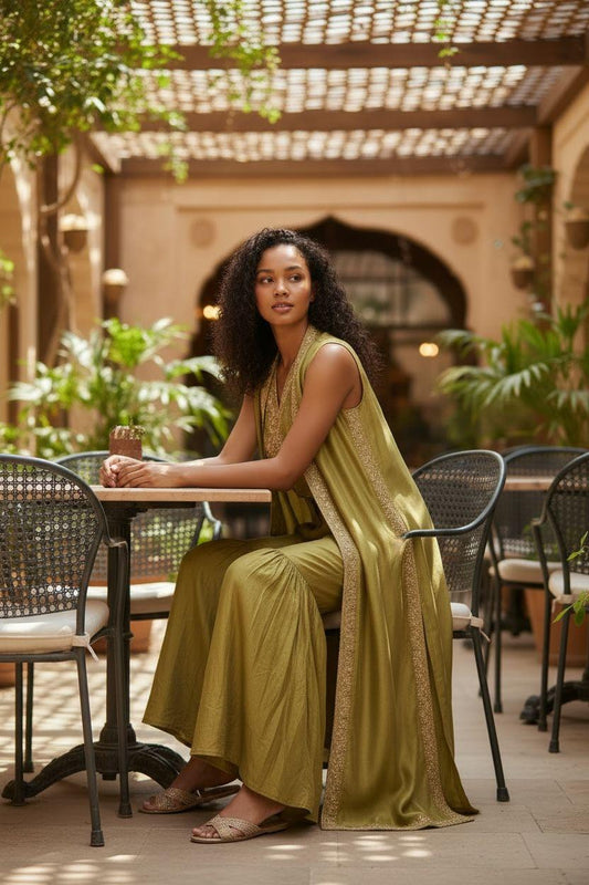 Olive Luxe Co-ord Set with Embellished Cape – Couture Edition