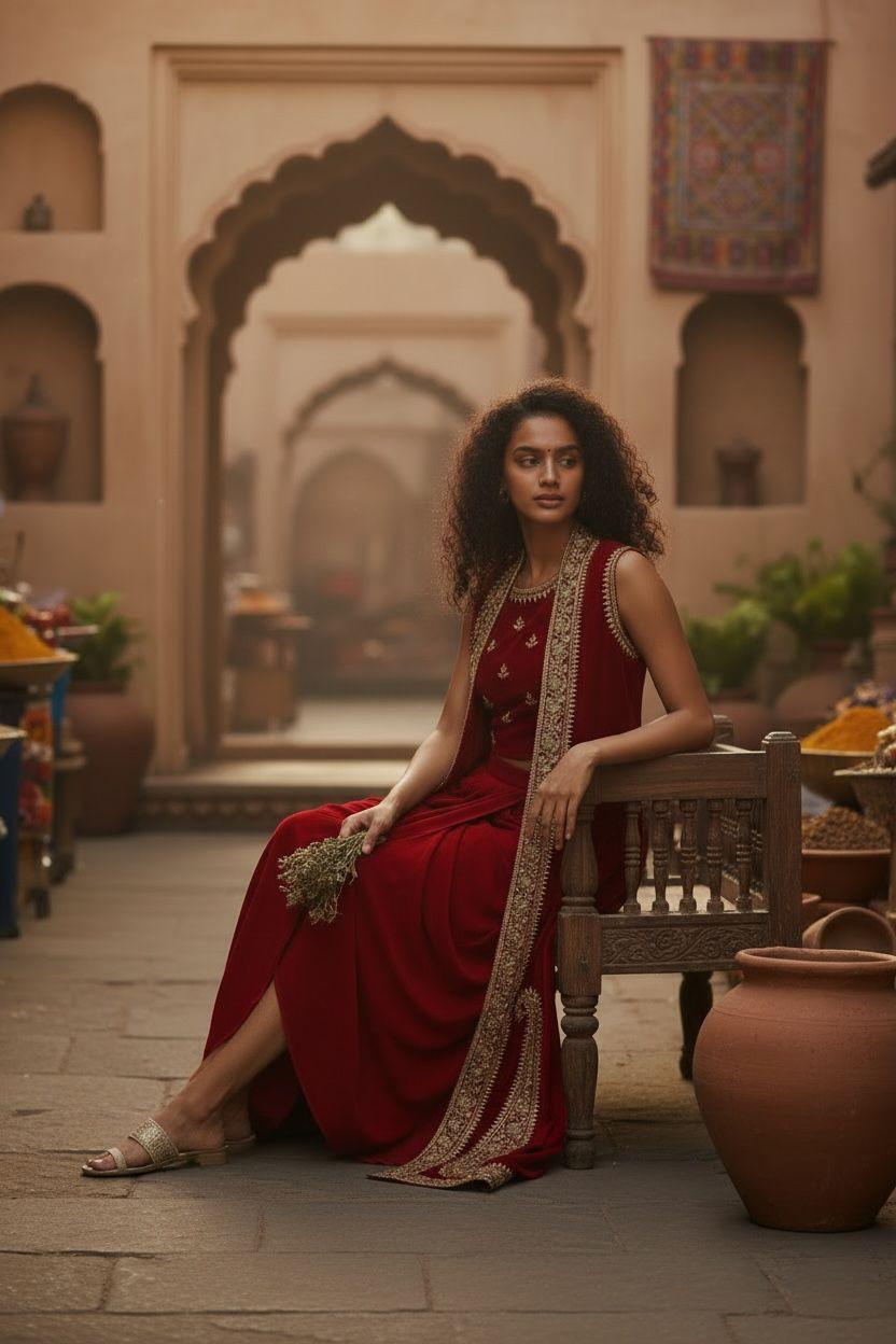 Crimson Royale Draped Saree Set with Embroidered Cape - Couture Edition