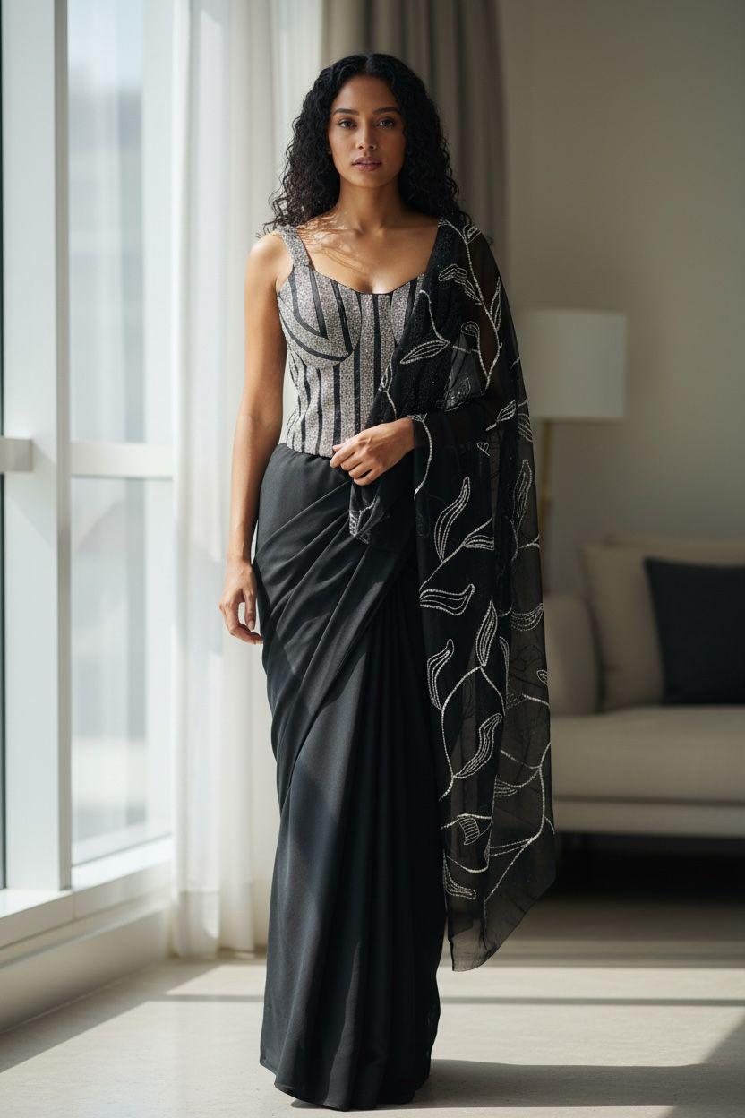 Midnight Noir Concept Saree with Corset Blouse – Couture Edition