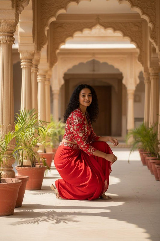 Scarlet Red Draped Skirt Set with Embroidered Blouse – Couture Edition