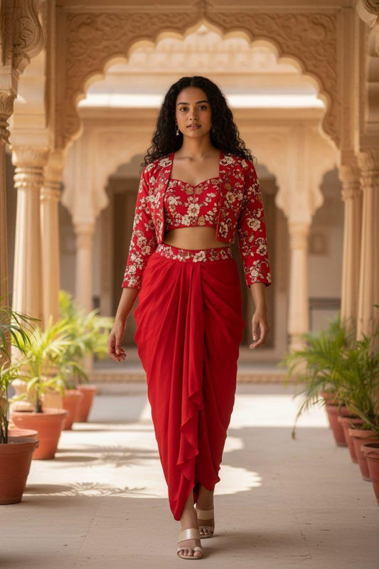 Scarlet Red Draped Skirt Set with Embroidered Blouse – Couture Edition