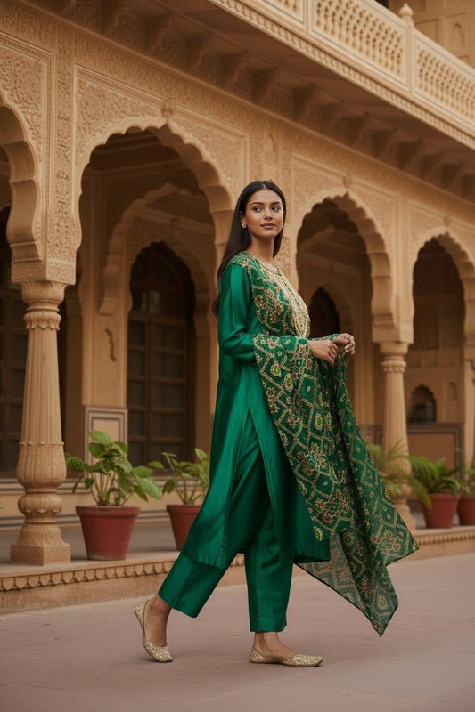 Emerald Green Embroidered Suit Set with Dupatta – Couture Edition