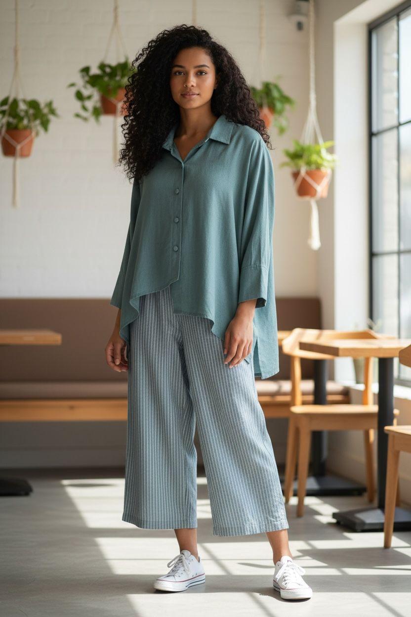 Relaxed Asymmetric Shirt & Striped Trouser Set – Pret Edition