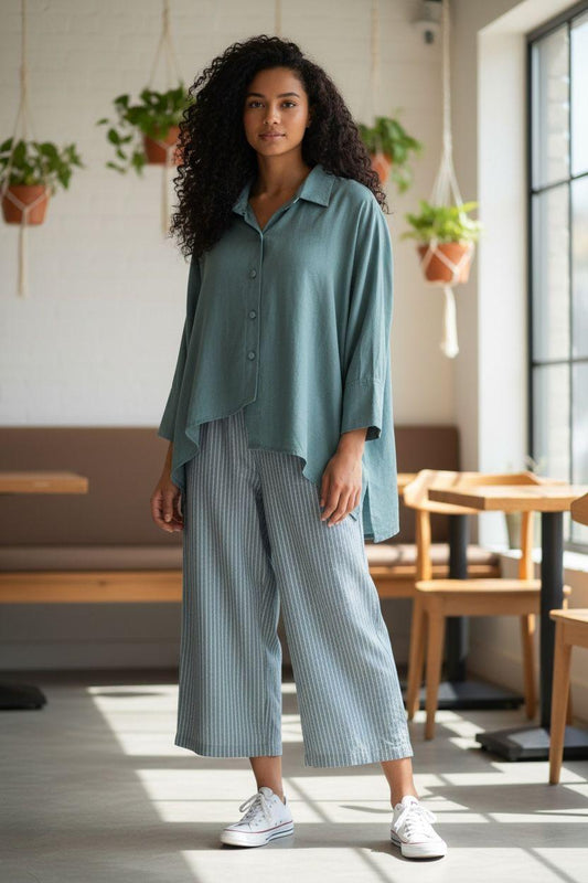 Relaxed Asymmetric Shirt & Striped Trouser Set – Pret Edition