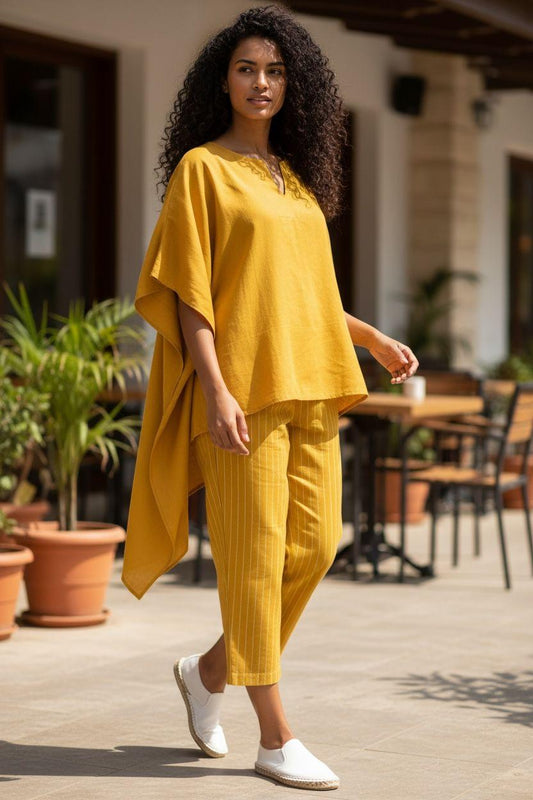 Mustard Draped Kaftan & Striped Trouser Set – Pret Edition