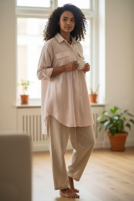 Blush Striped Relaxed Shirt & Linen Trouser Set – Pret Edition