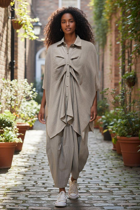 Taupe Draped Overlay Shirt & Striped Trouser Set – Pret Edition