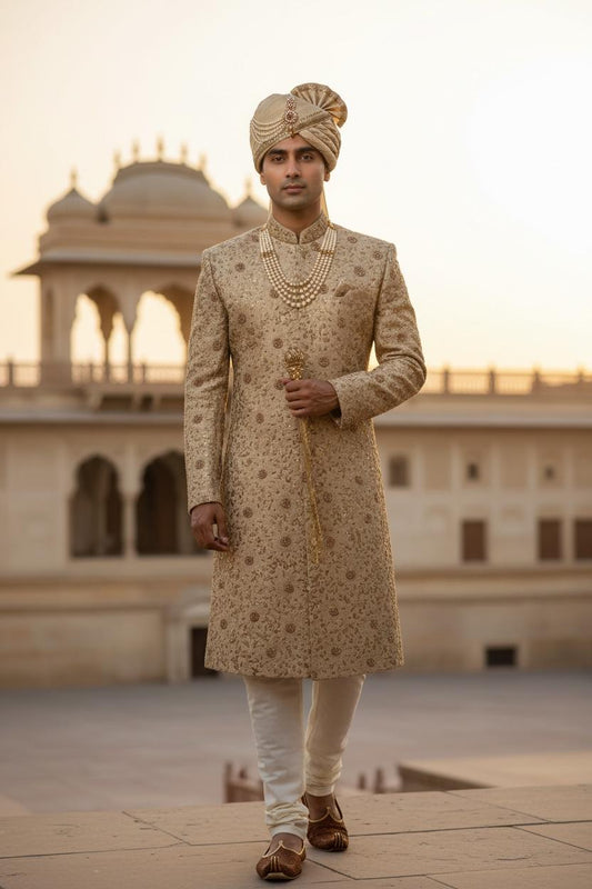 Royal Gold Embroidered Sherwani Set with Safa – Wedding Couture