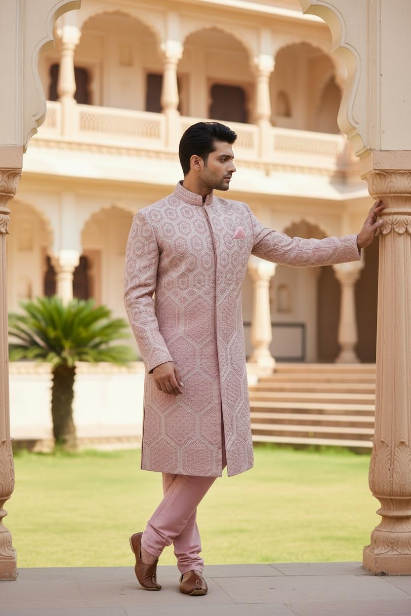 Blush Pink Embroidered Sherwani Set – Pastel Wedding Couture